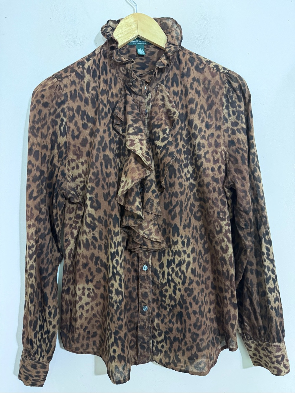 Y2K Lauren Ralph Lauren Animal Print Ruffle Neck Shirt size L Indie Sleaze Retro